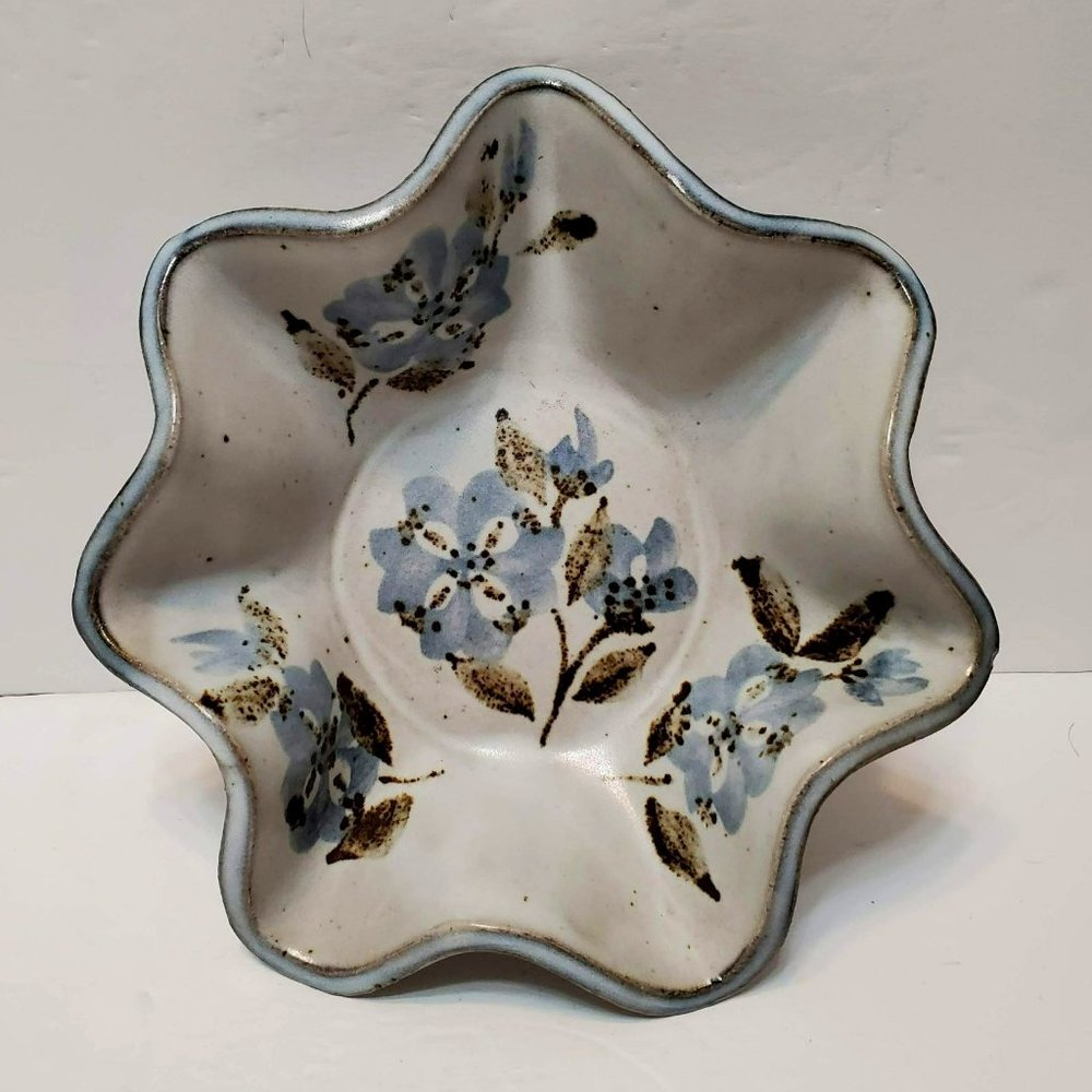 Signed Cindy Angliss Handmade Pottery, Ruffled Bowl, Blue Floral Studio Ceramics